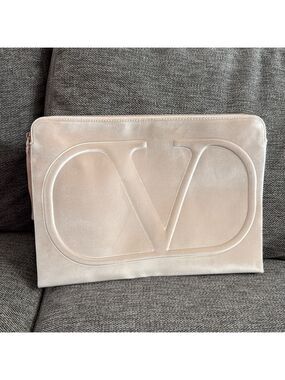 Valentino Beauty Nude Beige Velvet XL Flat Pouch  New